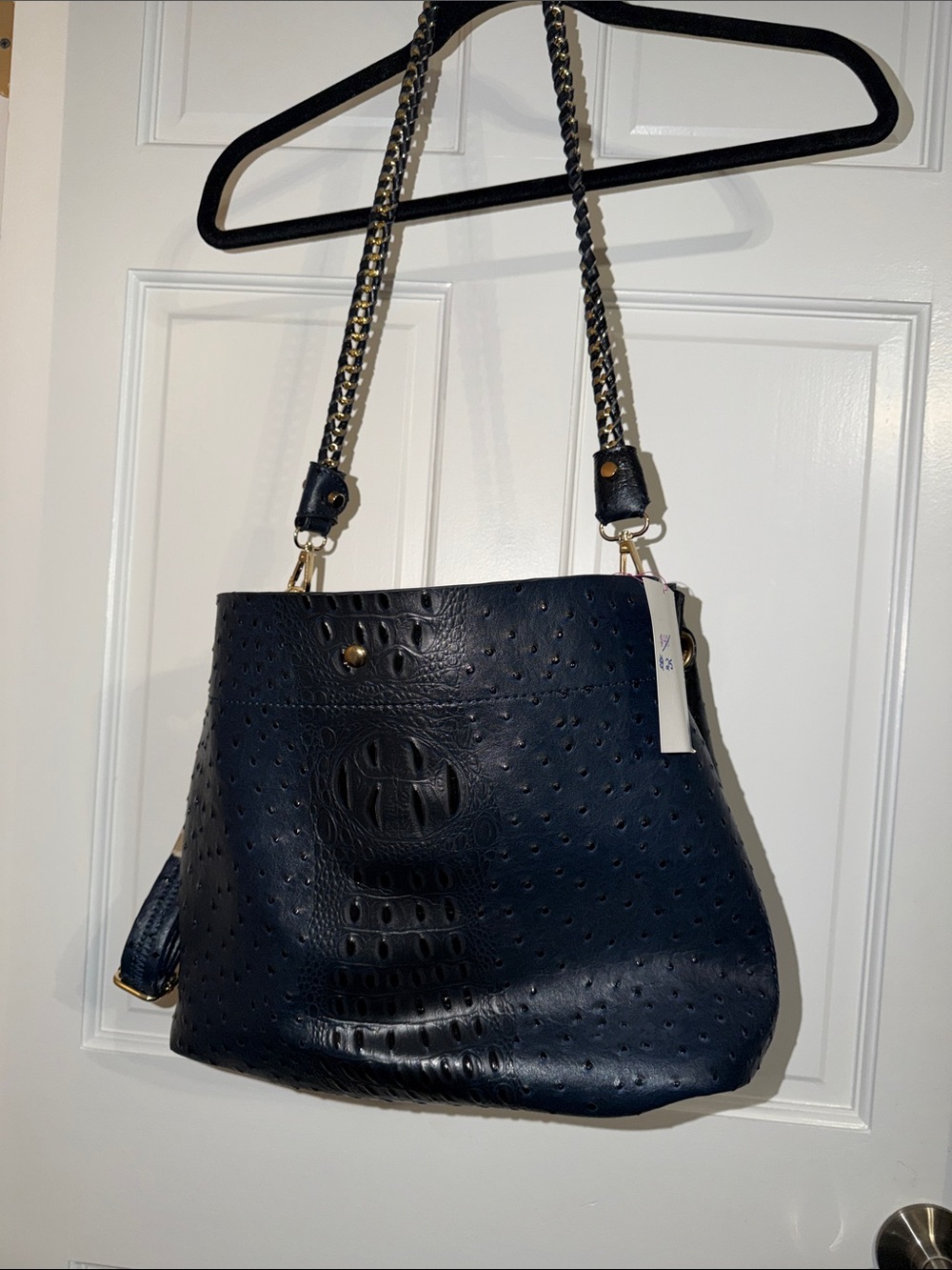 Navy BlueTextured Black Shoulder Bag with Gold Chain-Strap